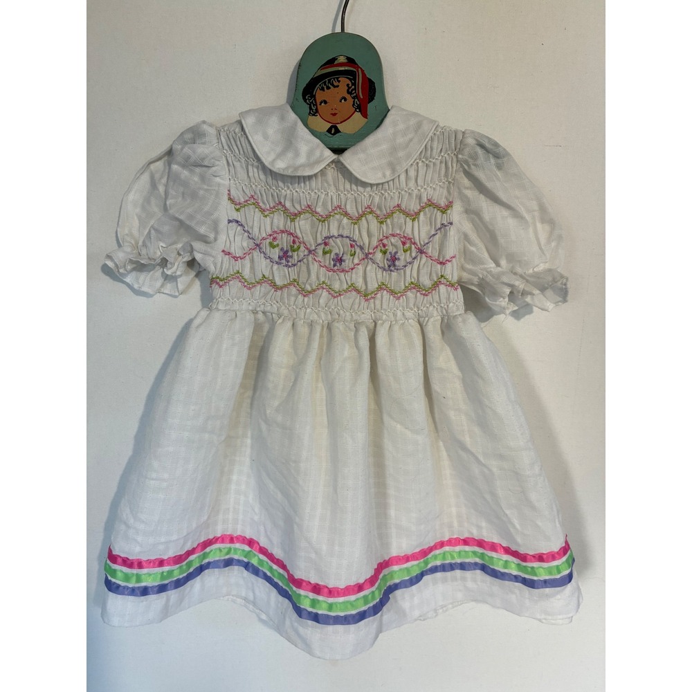 VTG 80's Pioneer Dress Hand Smocked Floral Embroidery Girls White 9 Months